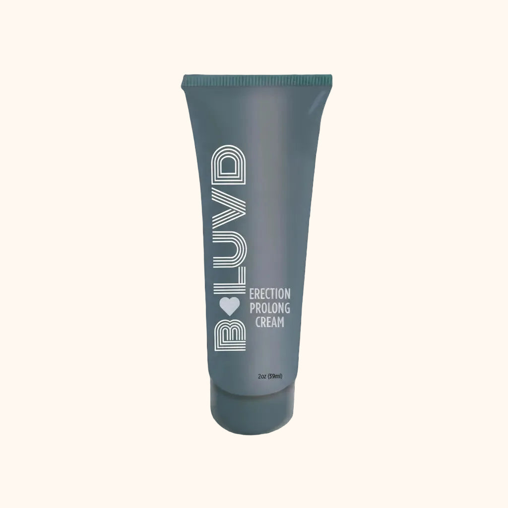 A black bottle of B-Luvd Erection Prolong Cream against a white background.